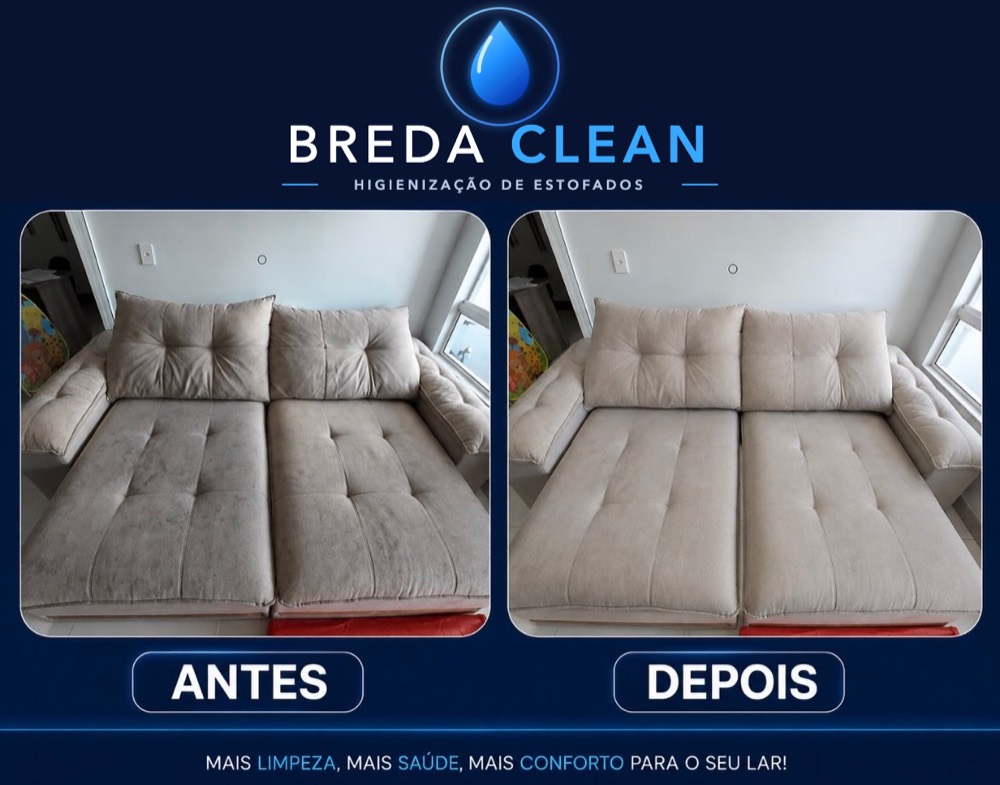 Sofá bege antes e depois da higienização